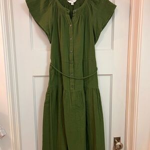 Time and Tru Olive Midi Dress with Button Detail
